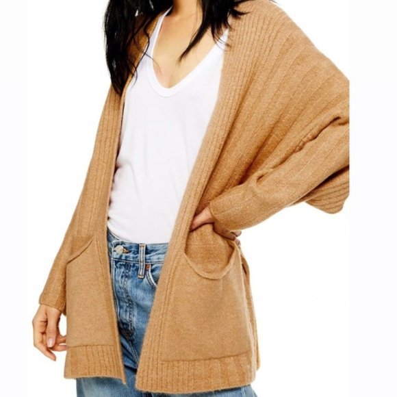 Topshop Sweaters - Topshop Long Cardigan Golden Brown Oversized Open Front with Pockets Medium NEW